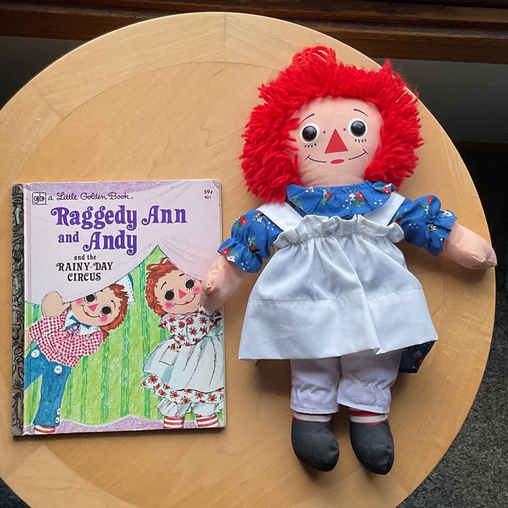 Classic Raggedy Ann Doll with Red Hair and Blue Dress & A Little Golden Book